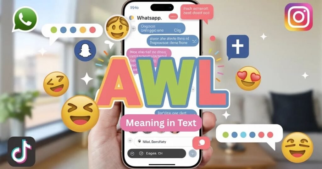 A smartphone screen showing a casual chat conversation with the acronym AWL meaning in text. Bright emojis and playful text bubbles highlight the informal texting style. Social media icons like WhatsApp, Snapchat, and Instagram appear in the background.