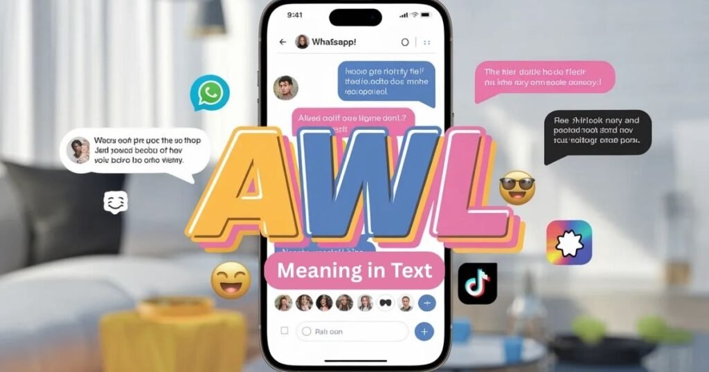 Young people texting on their phones with a message showing AWL meaning in text.
Colorful, bold overlay emphasizes the acronym in a fun, informal way.
Digital chat interface with emojis and social media elements visible.