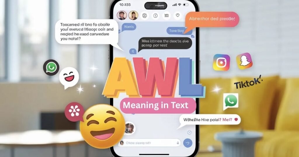 Close-up of a phone screen displaying a conversation using AWL meaning in text.
Informal texting style with emojis and colorful chat bubbles enhances readability.
Social media icons visible, reflecting popular online messaging platforms.