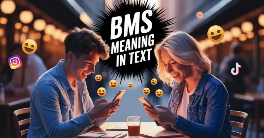 Fitness transformation or fashion photo with bright emojis
and social media icons in the background.
Represents BMS meaning in text in casual online chats.