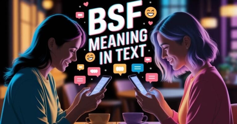 Friends texting on smartphones, showing chat bubbles and emojis. Bold overlay text reads BSF meaning in text in bright colors. Digital illustration of close friendship and fun conversations.