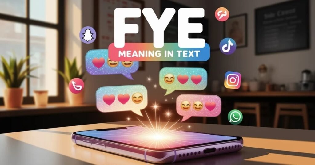 Modern social media icons like Snapchat, Instagram, and TikTok around a phone screen.
Bold, colorful overlay text reads FYE meaning in text.
Shows casual and fun online communication for entertainment.