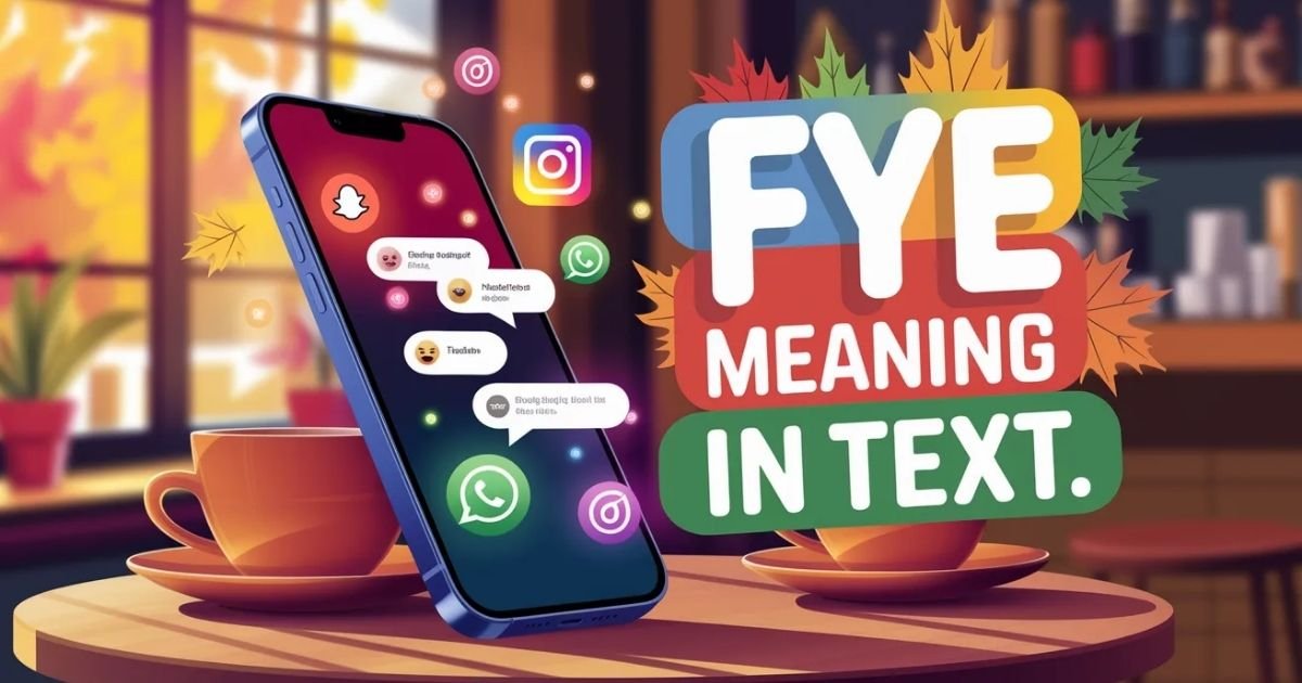 Digital illustration of a smartphone showing a text conversation. The acronym FYE appears highlighted in the chat messages. Represents online texting culture and FYE meaning in text.