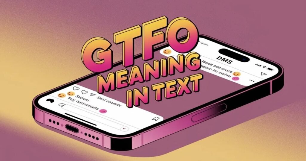 Modern graphic explaining GTFO meaning in text with a bold overlay title.
Chat bubbles and emojis represent shock and surprise in online messages.
Image reflects real-life usage of GTFO slang on social media platforms.