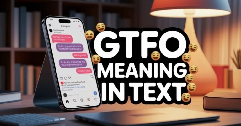 Illustration showing a smartphone chat screen explaining GTFO meaning in text. Bold colorful overlay text highlights GTFO slang used in online messaging. Visual represents modern texting culture and social media conversations.