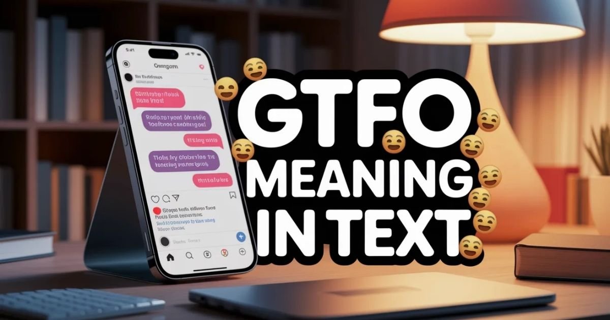Illustration showing a smartphone chat screen explaining GTFO meaning in text. Bold colorful overlay text highlights GTFO slang used in online messaging. Visual represents modern texting culture and social media conversations.