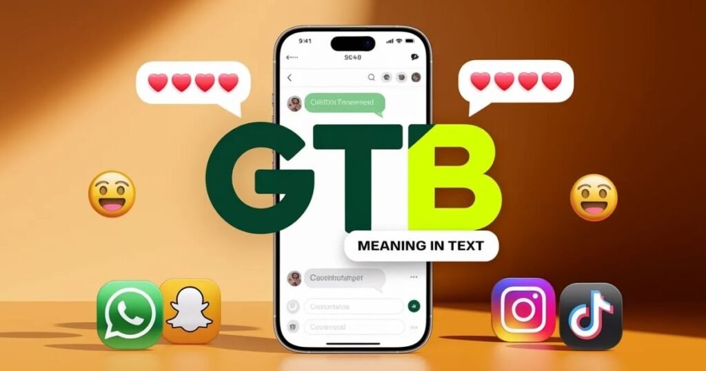 “Modern digital illustration of a chat app with the text GTB. Bright colored overlay displays GTB meaning in text. WhatsApp, Snapchat, Instagram, and TikTok icons in the background.”