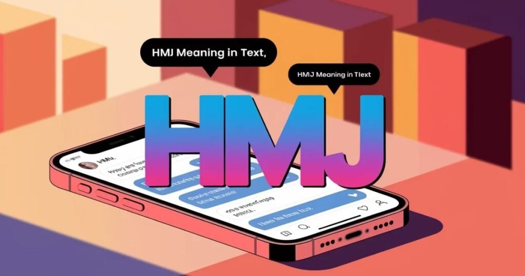 HMJ meaning in text highlighted with bold overlay typography.
Illustration represents texting slang and online chat culture.
Helpful image explaining hmj meaning in text across platforms.