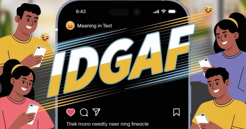 IDGAF meaning in text displayed on a mobile chat screen with bold colorful overlay.
Illustration showing carefree attitude and informal slang used in daily conversations.
Perfect visual for explaining texting slang on Instagram and WhatsApp.