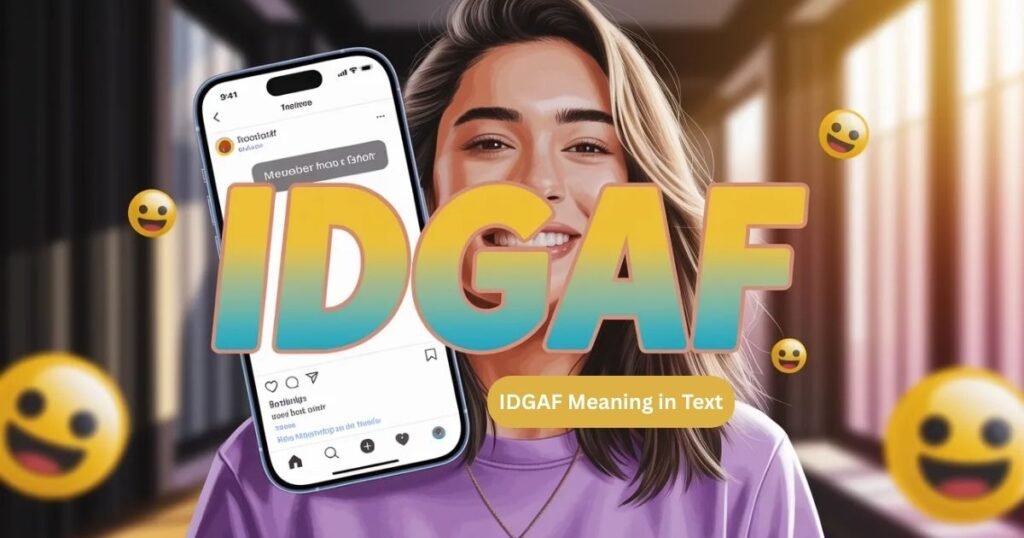 IDGAF meaning in text shown with bold IDGAF overlay in a digital chat scene.
Image highlights informal slang commonly used in social media and texting apps.
Represents confident and unbothered communication style among young users.