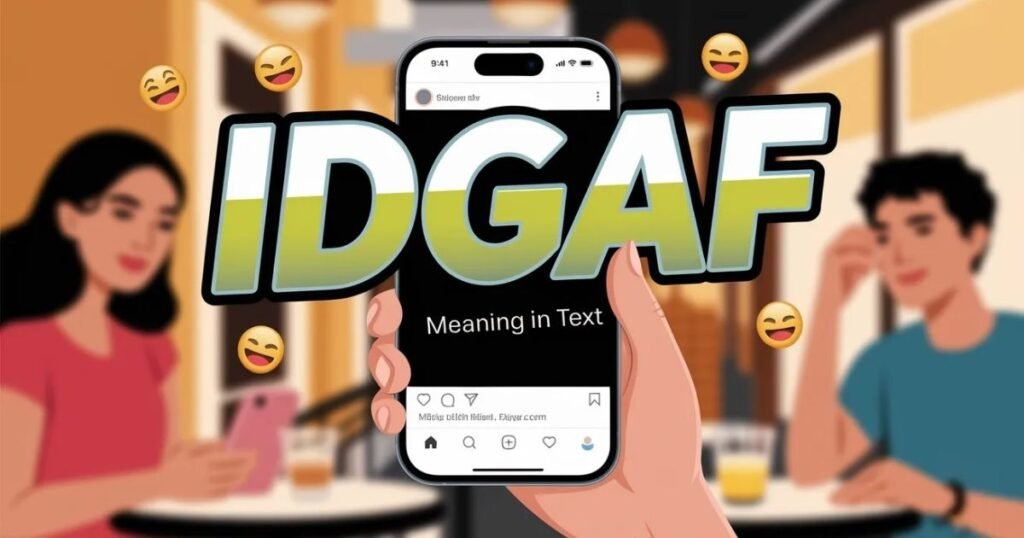 IDGAF meaning in text illustrated with a phone message and expressive emoji background.
Bold keyword overlay emphasizing slang meaning in chat and online platforms.
Visual suitable for articles explaining modern internet and texting language.