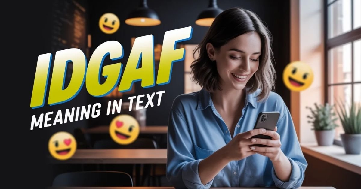 IDGAF meaning in text explained through a modern smartphone chat illustration. Bold IDGAF text overlay showing casual slang usage in online messaging. Visual representing Gen Z texting culture and social media communication.