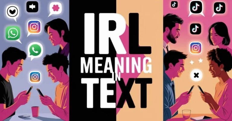 Illustration showing online chat conversations and real-life meetings side by side, explaining IRL meaning in text for modern messaging and social media users.