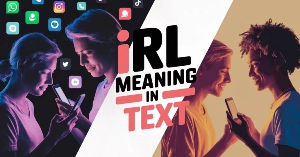 Modern digital illustration highlighting online chats versus real-world interaction, designed to explain IRL meaning in text for beginners and non-native readers.
