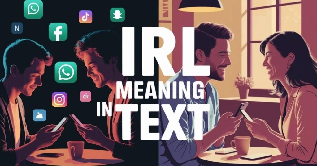 Split-screen visual of people texting on smartphones and meeting face-to-face, clearly representing IRL meaning in text in casual online communication.