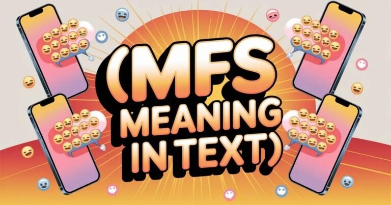 A digital illustration of a smartphone with chat bubbles. Bold overlay shows MFS Meaning in Text in bright, eye-catching colors. Represents texting slang and online messaging culture.