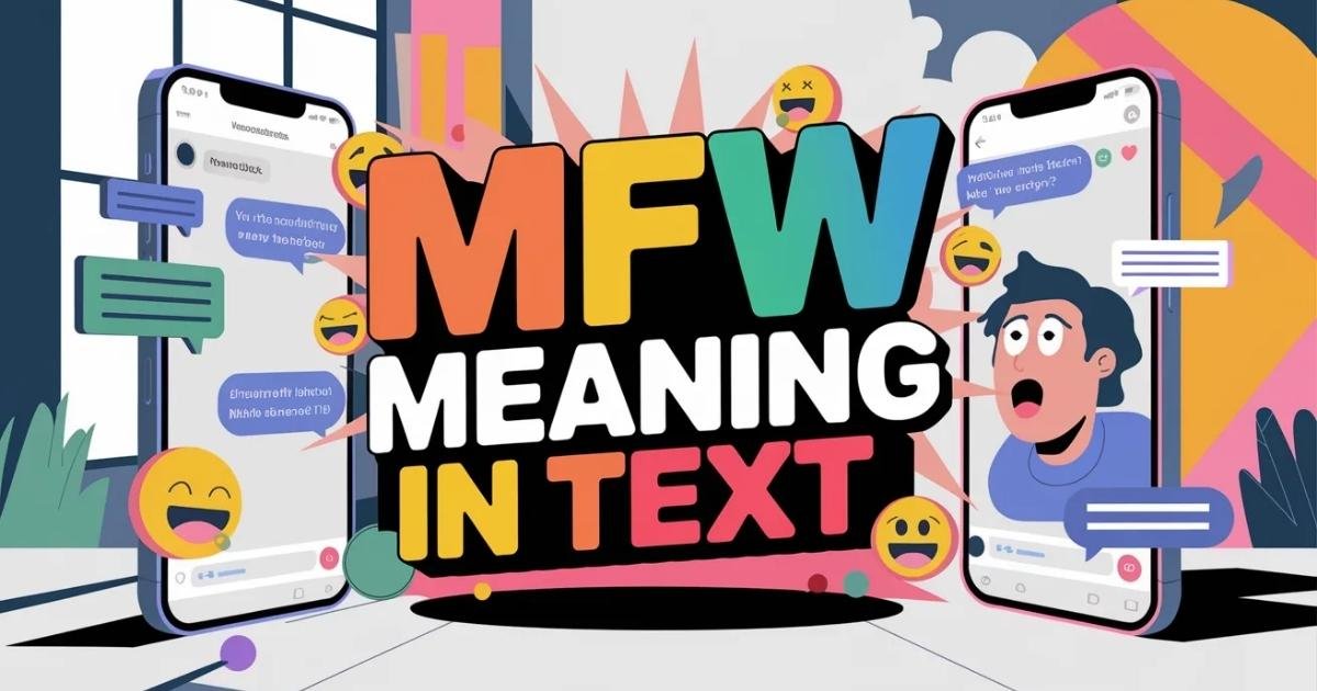 MFW Meaning in Text shown on a smartphone chat screen User reacting with a surprised facial expression and emojis Visual explaining how MFW is used in casual text messages
