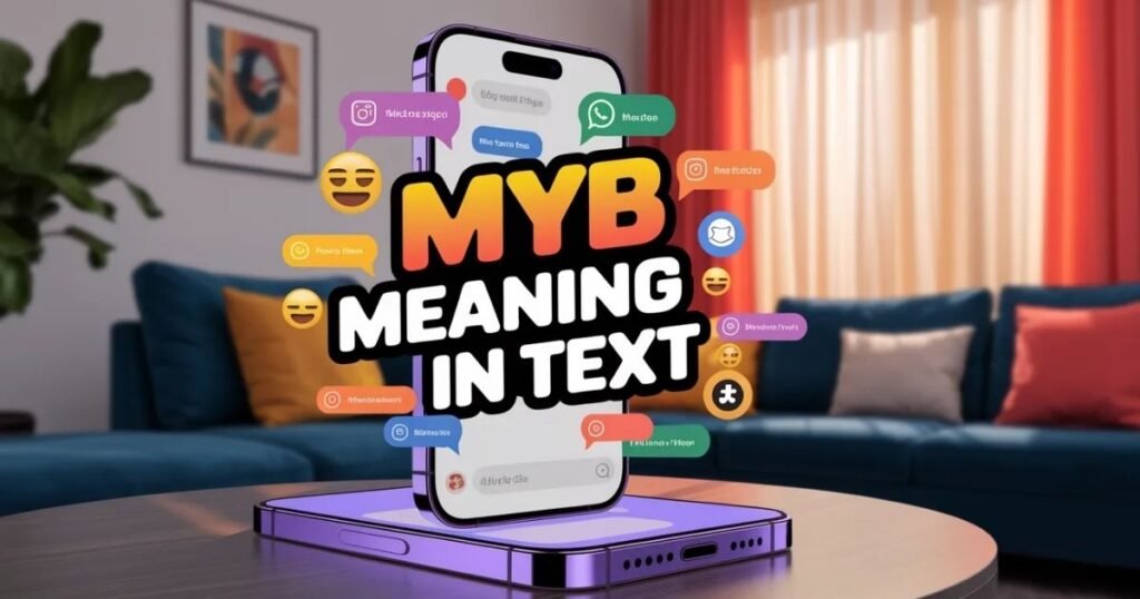 Digital illustration of friends texting with MYB in highlighted chat bubbles.
Bright colors and emojis show playful, casual messaging.
The image emphasizes MYB meaning in text for social media context.