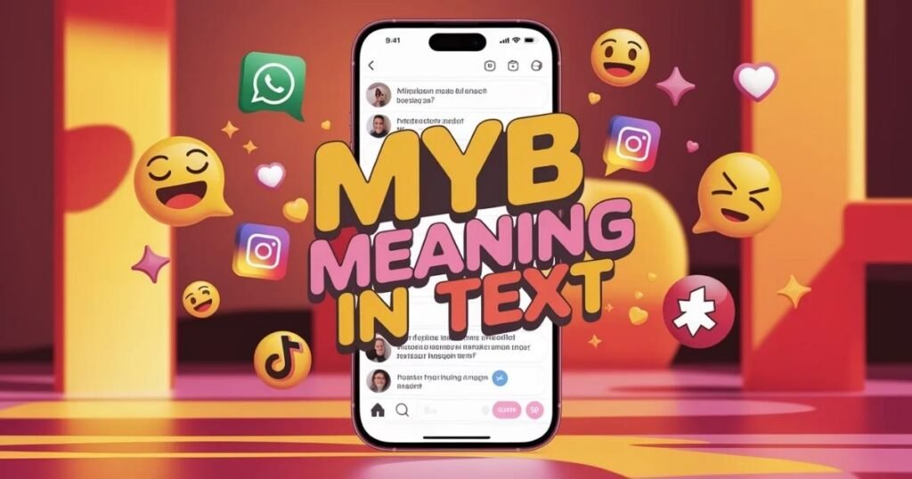 Flat design of a messaging app screen with the word MYB in bold letters.
Emojis and chat symbols reflect informal texting culture.
It clearly represents MYB meaning in text for online communication.