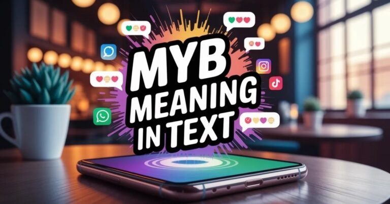 A smartphone screen showing a casual chat conversation with MYB abbreviation. Emojis and social media icons indicate informal texting style. This visual explains MYB meaning in text for beginners and online users.