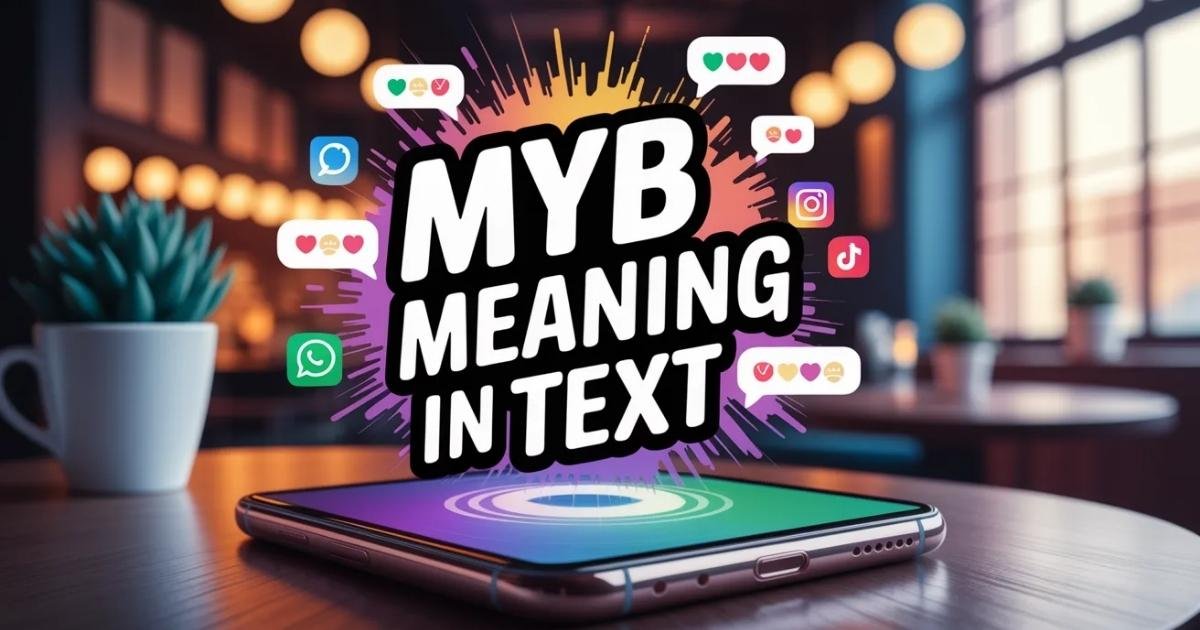 A smartphone screen showing a casual chat conversation with MYB abbreviation. Emojis and social media icons indicate informal texting style. This visual explains MYB meaning in text for beginners and online users.