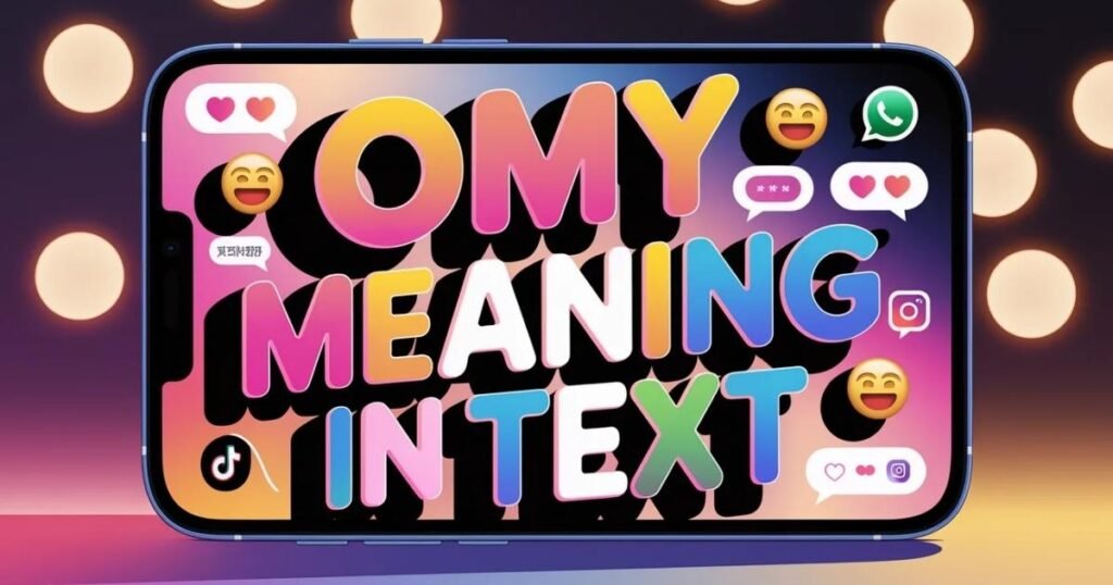 A teenager typing on a smartphone. Casual chat message showing excitement. Focus keyword: omy meaning in text.