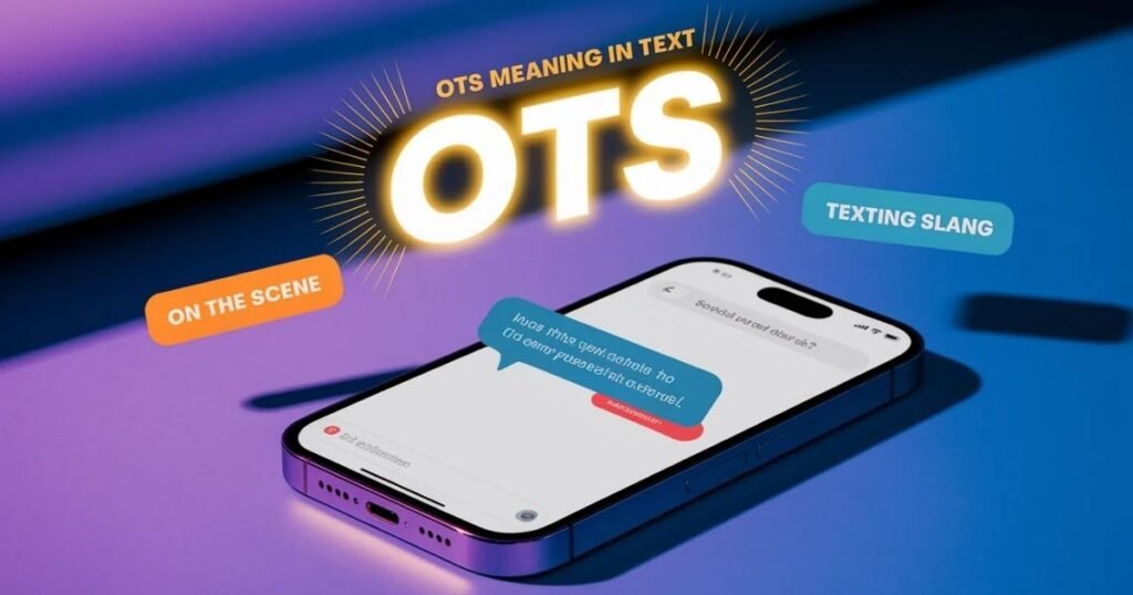 OTS meaning in text highlighted on mobile phone texting interface screen.
Bold overlays show OTS slang meaning On The Scene in colorful text.
Messaging app display clarifies what does OTS mean for texting users.
