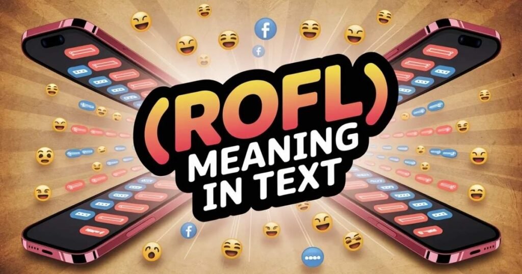 Modern graphic showing a messaging conversation with playful emojis.
Bold, colorful overlay displays ROFL Meaning in Text clearly.
Perfect visual for blogs about texting and online slang.