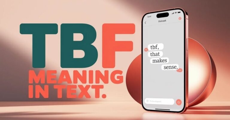 Illustration explaining tbf meaning in text with a smartphone chat example. Shows how TBF is used in casual messaging conversations. Simple visual for beginners learning texting slang.