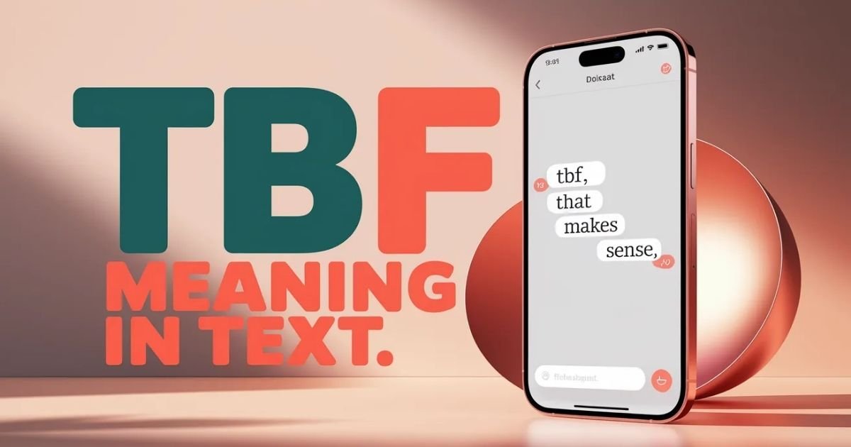 Illustration explaining tbf meaning in text with a smartphone chat example. Shows how TBF is used in casual messaging conversations. Simple visual for beginners learning texting slang.