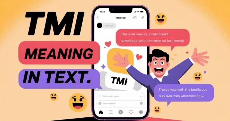 Illustration explaining TMI meaning in text through a smartphone chat conversation. One message shows oversharing while the reply says TMI. Visual helps understand slang usage in modern texting.