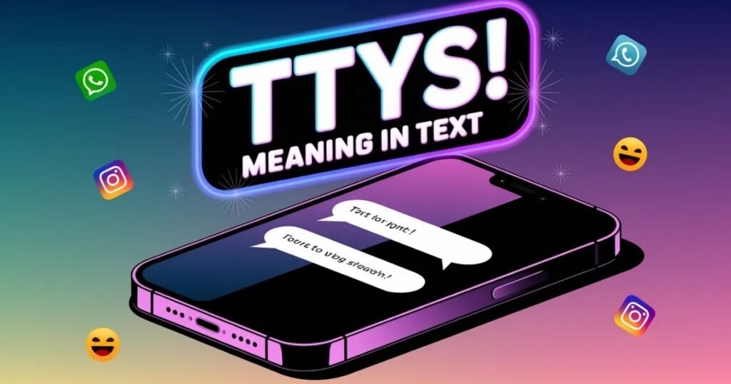 Vibrant graphic explaining TTYS meaning in text with smartphone conversation example showing how TTYS is used in WhatsApp Snapchat and Instagram messaging apps with colorful design
