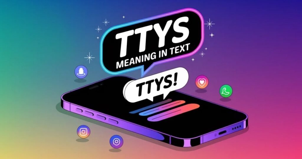 Educational image about TTYS meaning in text featuring mobile device with chat bubbles and bold keyword overlay demonstrating texting slang abbreviation usage for digital communication
