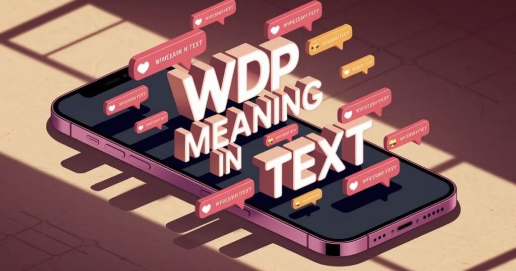 Smartphone screen with emojis and social media icons around it.
Keyword WDP Meaning in Text prominently displayed in bright colors.
Illustrates texting slang and digital messaging trends.