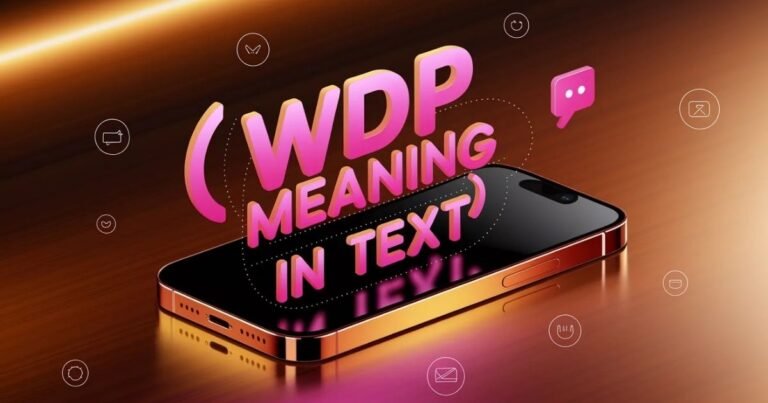 A colorful digital illustration of chat bubbles and a smartphone. Highlighting the keyword WDP Meaning in Text in bold overlay. Represents modern texting and online communication culture.