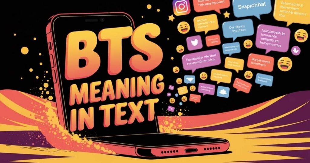 Tablet showing behind-the-scenes clips and messages labeled BTS meaning in text.
Casual social media elements with Snapchat and Instagram icons visible.
Overlay text BTS meaning in text stands out in bright, bold colors.