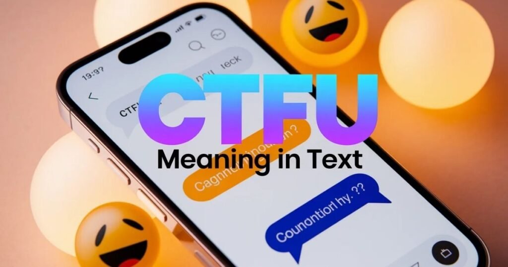 Infographic style image about ctfu meaning in text
Acronym CTFU shown in casual messaging app
Overlay title describing slang used in online chat