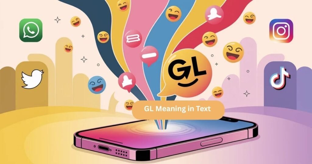 Colorful chat screen displaying GL meaning in text as a bold message.
Represents wishing friends “Good Luck” in digital conversations.
Includes social media app symbols for Instagram, TikTok, and WhatsApp.