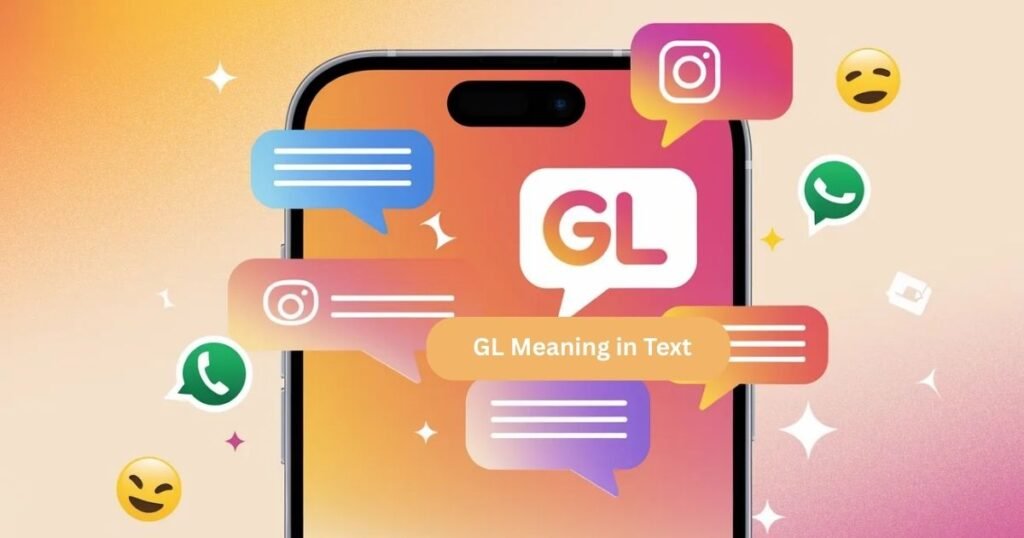Digital illustration of texting with GL meaning in text highlighted in bubble.
Emoji accents 🍀✨👍 emphasize positivity and friendly encouragement.
Background shows popular apps like Snapchat, WhatsApp, Instagram, TikTok.