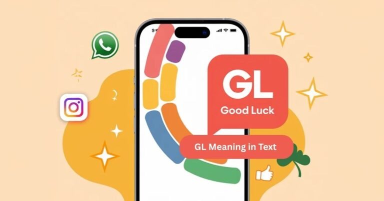 Illustration of a smartphone showing a chat bubble with GL meaning in text. Background includes social media icons: WhatsApp, Snapchat, Instagram, TikTok. Emojis 🍀✨👍 float around, highlighting casual texting and encouragement.