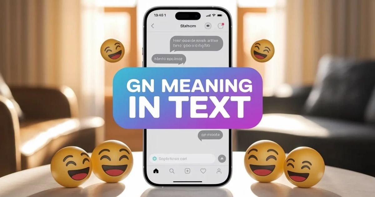 GN meaning in text shown on smartphone chat screen Short message conversation saying “GN” before sleep Overlay title explaining slang used in texting