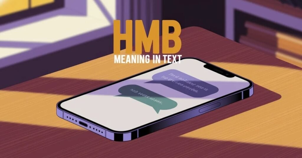 Smartphone messaging illustration showing HMB used in a casual text chat.
Image explains HMB meaning in text as a friendly request for a reply.
Ideal visual for understanding modern texting slang and online communication.