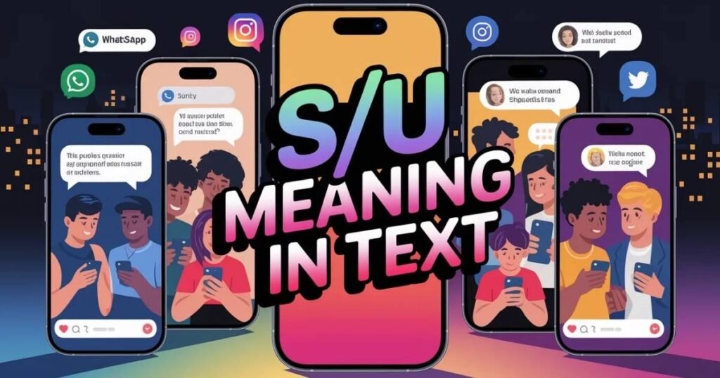S/U meaning in text displayed with bold overlay text on a modern chat design.
Illustration shows young people texting casually on social media apps.
Image represents real-life usage of s/u meaning in text conversations.
