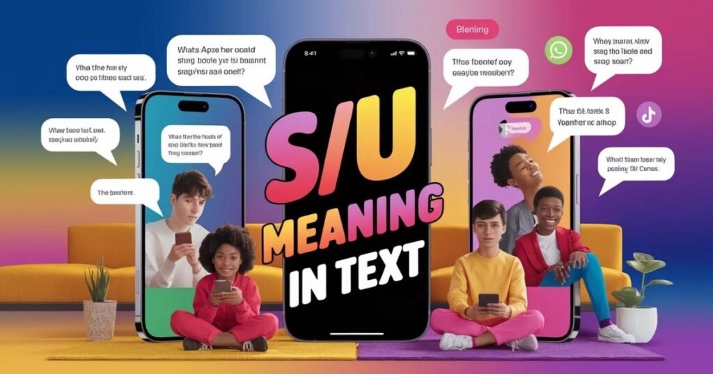 S/U meaning in text highlighted in vibrant colors over chat message bubbles. Smartphone illustration shows slang usage in online messaging platforms. Helps beginners understand s/u meaning in text in a simple way.