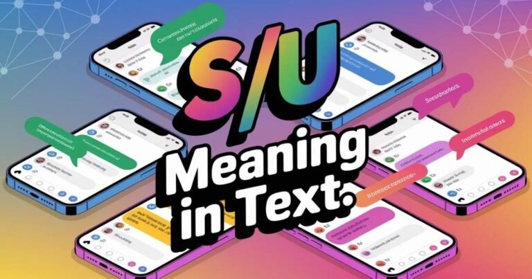 S/U meaning in text explained through a colorful social media chat illustration. Smartphone screens show WhatsApp and Instagram messages using slang terms. Visual helps users understand how s/u meaning in text is used online.