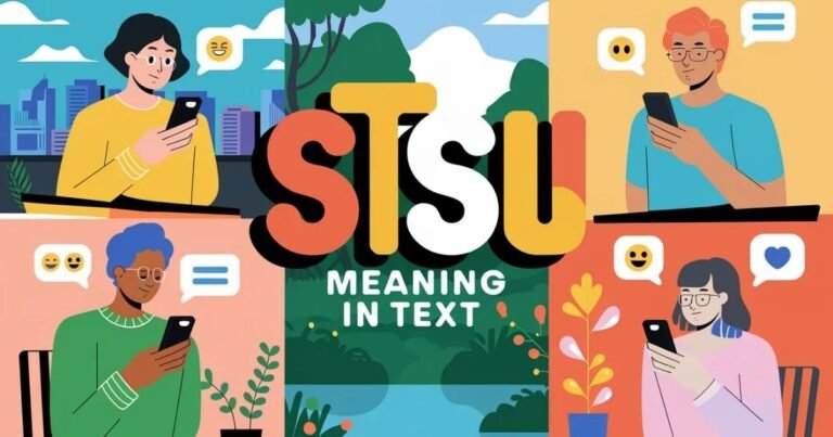 People texting on smartphones Playful chat bubbles with emojis Bold STSU meaning in text overlay showing texting acronym
