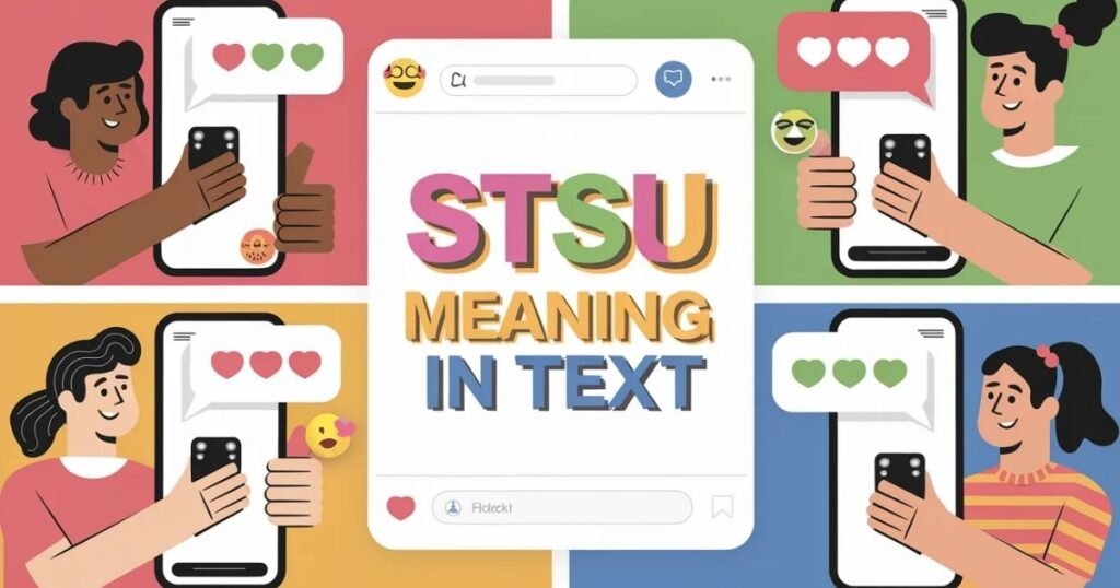 Digital illustration of casual texting
Fun chat interface with expressive emojis
Focus on STSU meaning in text acronym in bright overlay