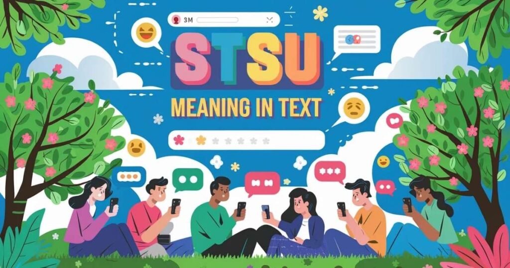 Modern texting scene with speech bubbles
Playful conversation with laughter and shock emojis
Bold STSU displayed prominently on screen