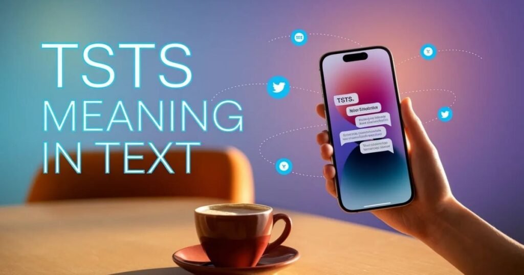 Infographic-style image explaining TSTS abbreviation in texting.
Center overlay text says TSTS Meaning in Text in bold typography.
Clean layout with modern social media theme background.