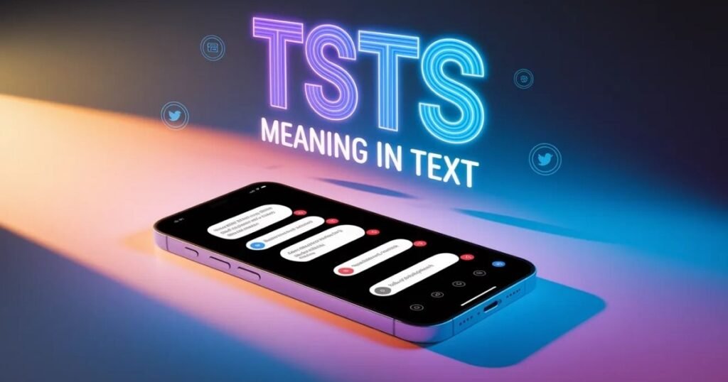 Digital blog header image featuring smartphone text conversation.
Highlighted colorful overlay shows TSTS Meaning in Text clearly.
Professional 16:9 design with gradient and soft lighting.